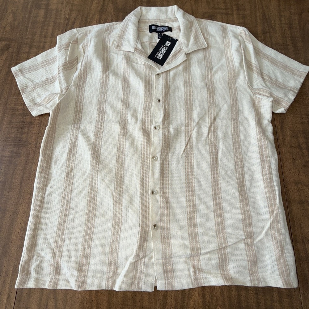 San Francisco Work Shirts Striped Polo Knit Shirt Men‎ L Beige Retro Beach NWT